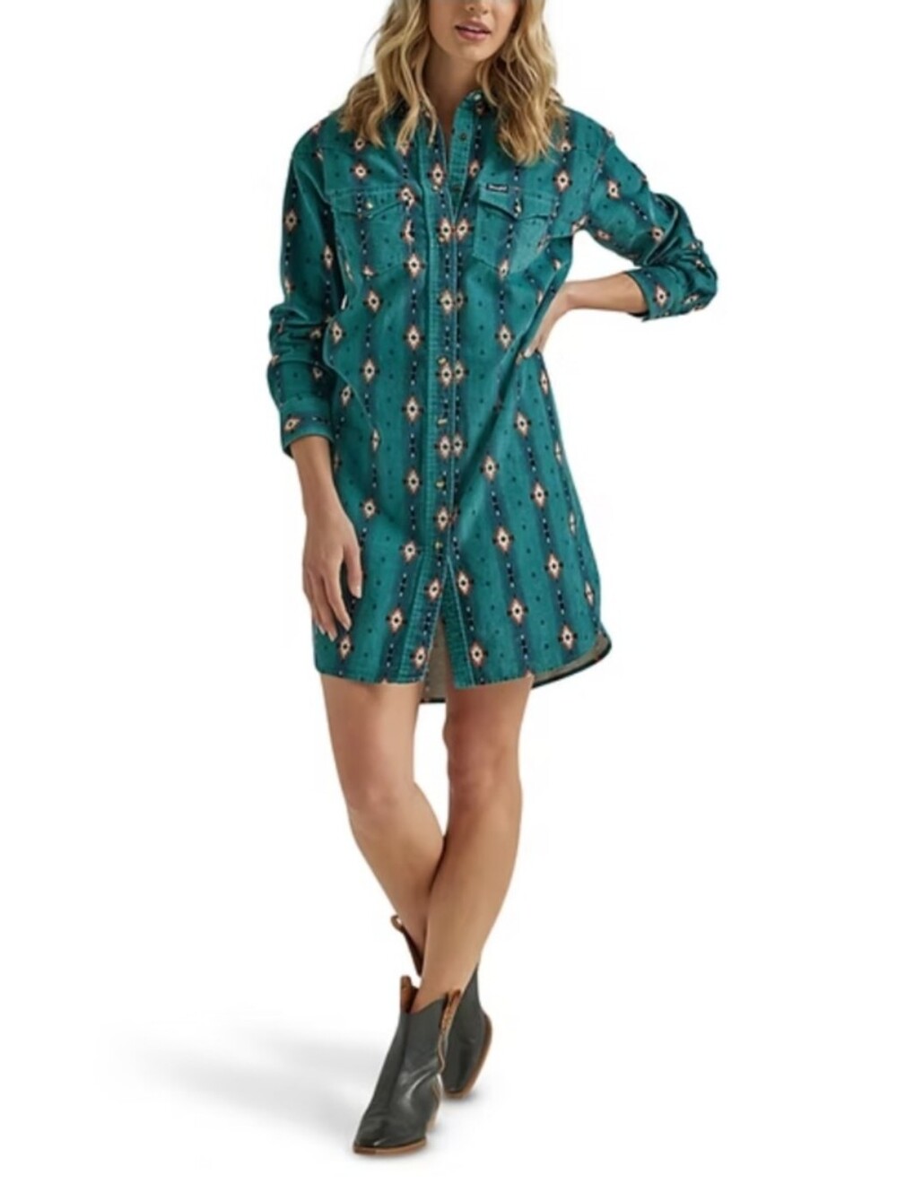 Long Sleeve Teal Patterned Shirt Dress - Women